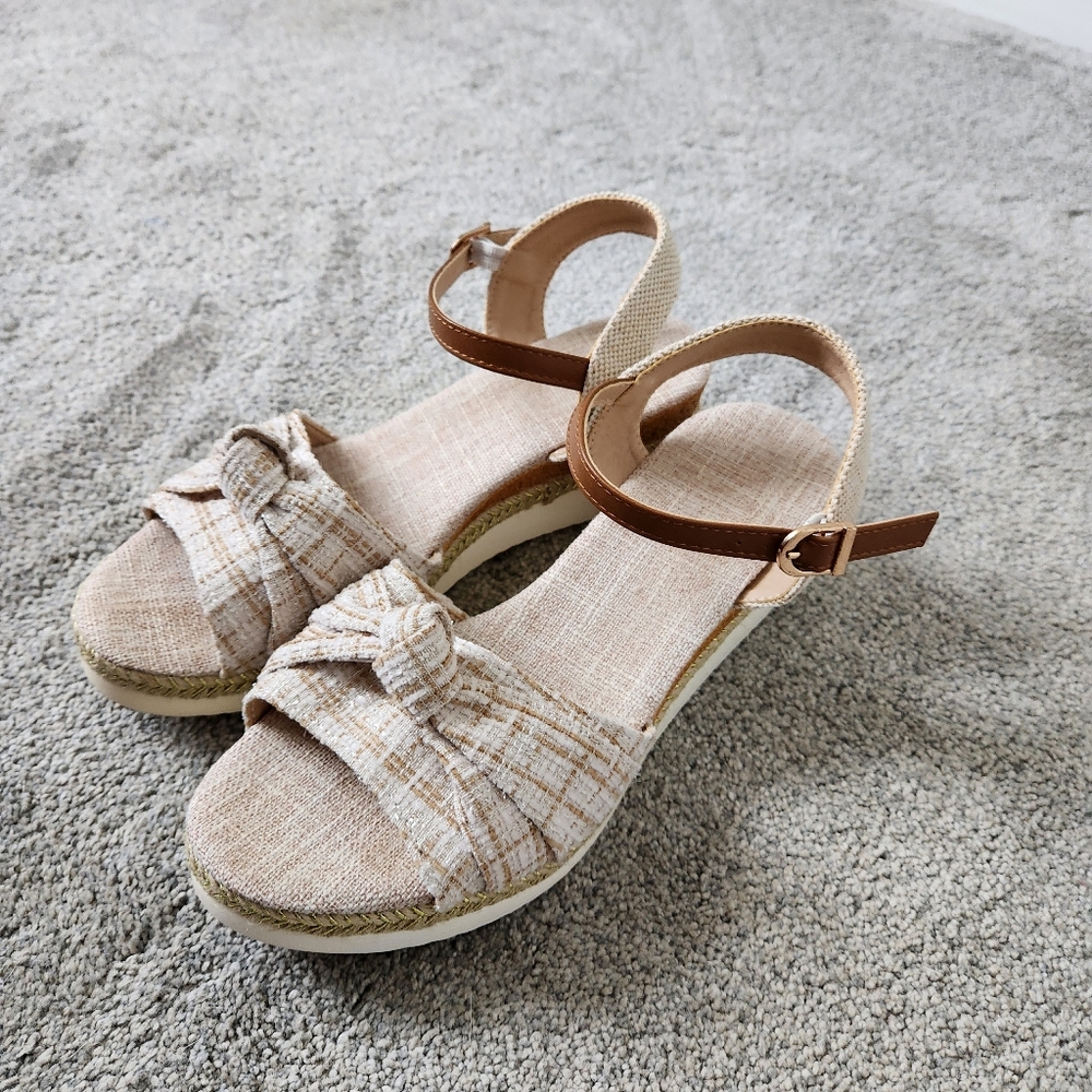 Espadrille Sandal Wedge Open Toe Ankle Strap Bow Detail Size 9.5